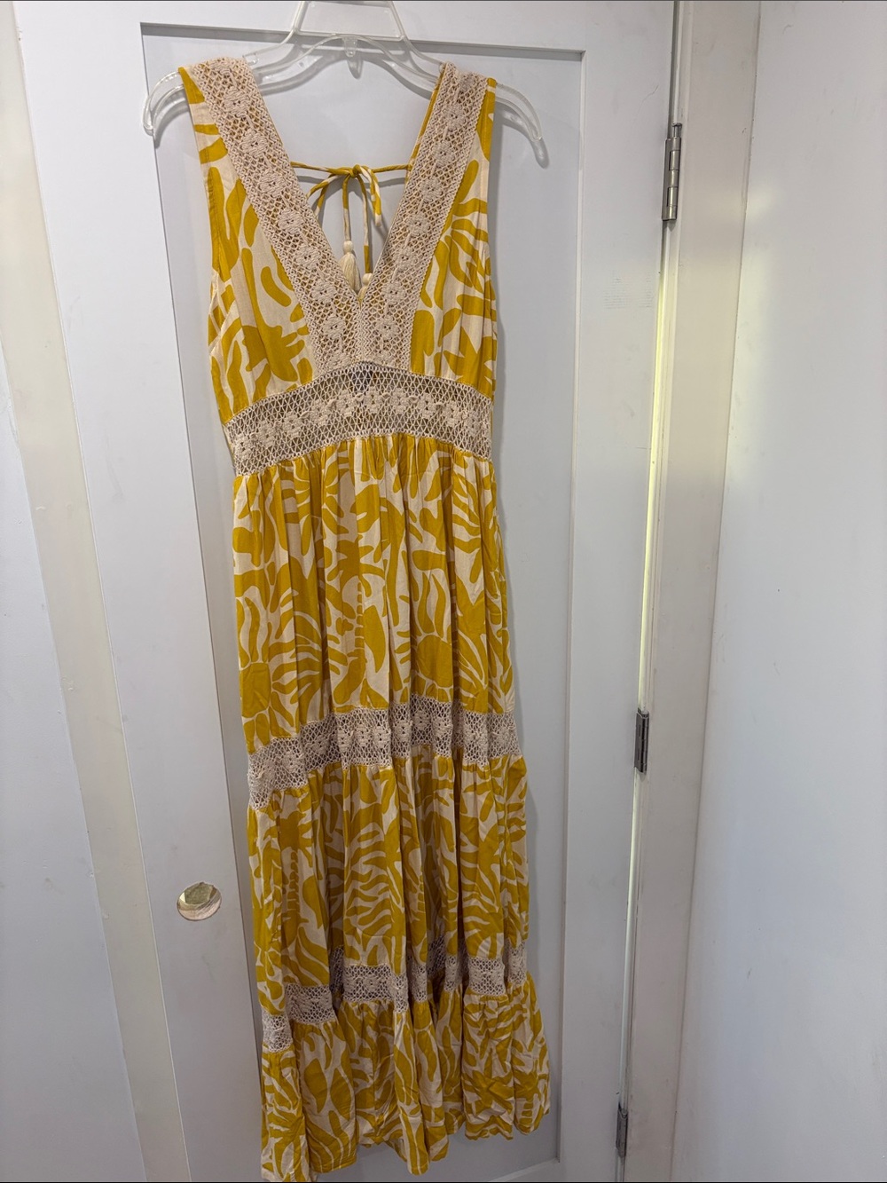 Yellow Floral Crochet-Trim Maxi Dress